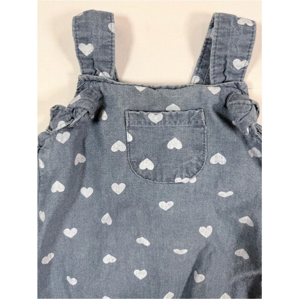 CARTERS Baby Girl Chambray Romper 9M Blue Heart Print Sweet‎ Cottagecore Summer